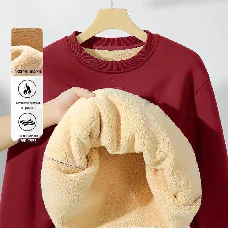 Men's Lambswool Round Neck Velvet Thick Long Sleeve Warm Hoodie - Autumn/Winter New Style Top (No Hood)