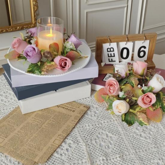Artificial Rose Candle Ring Fake Rose Wreath with Maple Leaves Pillar Candle Wreath Table Centerpieces for Home Candlelight Dinner Wedding Party Decor