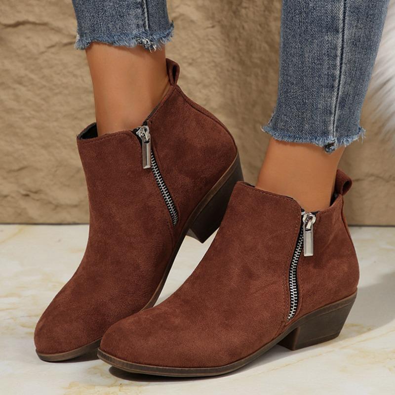 Bocanci Martin pentru Femei cu Vârf Ascuțit, Aspect Uzat, Cizme din Piele cu Toc Gros și Fermoar Lateral, Mărimi Mari, Pantofi de Toamnă-Iarnă