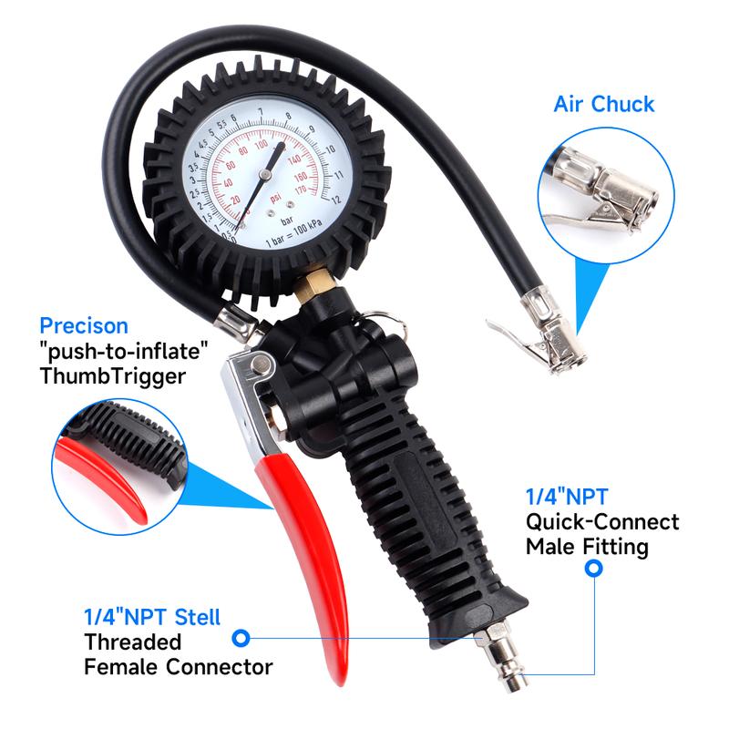 Manometr do opon 0-170Psi, Manometr do opon wypełniony olejem, Odporny na wstrząsy, Dokładny tester pojazdu Monitorowanie pompowania, Adaptery UE/US/JP