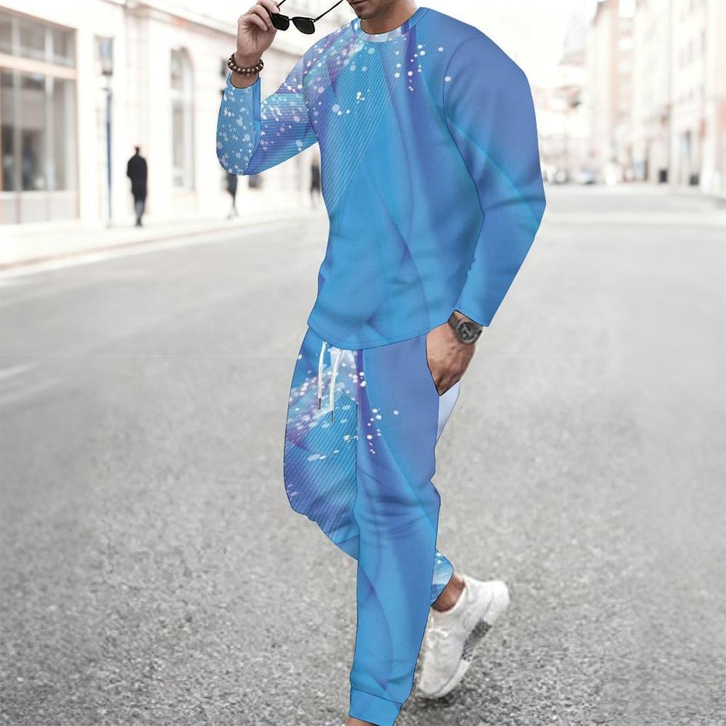 Men Black Cyan Half Split Brush Edge Print Long Sleeve Sweatshirt Jogger Pants Two Piece Suit