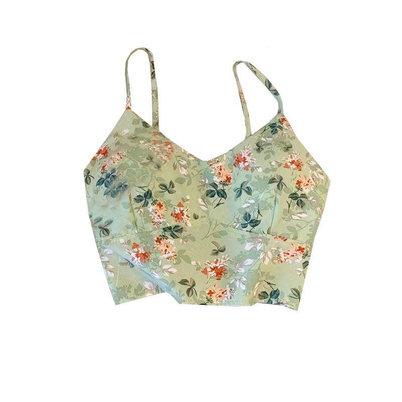 

Summer New Arrival Yoga Vest with Chest Pad Women s Running National Style Print Sports Exercise Strap Elastic Quick-Drying Dance Top Tender green M