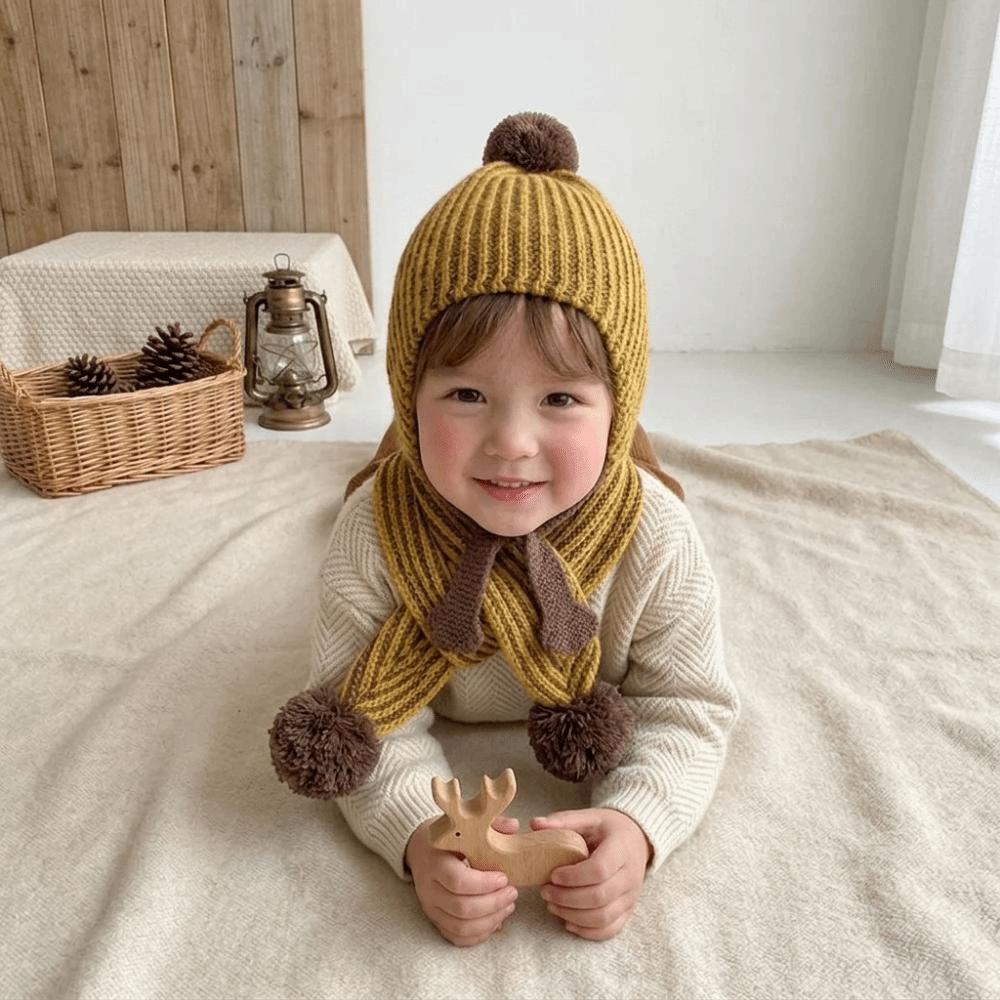 Ear Cap Children Scarf Hat Set Fur Ball Warm Knitted Cap All-match Wool Beanie Hat Outdoor