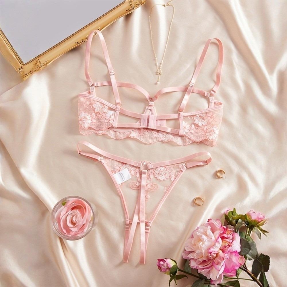 Lace Lingerie Suit Chest Support Bra Briefs Set T-back Perspective Lingerie Valentine's Day