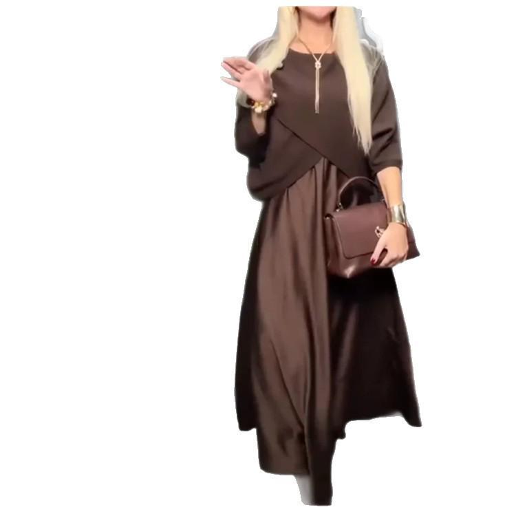 European & American Winter Round Neck 5-Point Sleeve Solid Color Elegant Dress