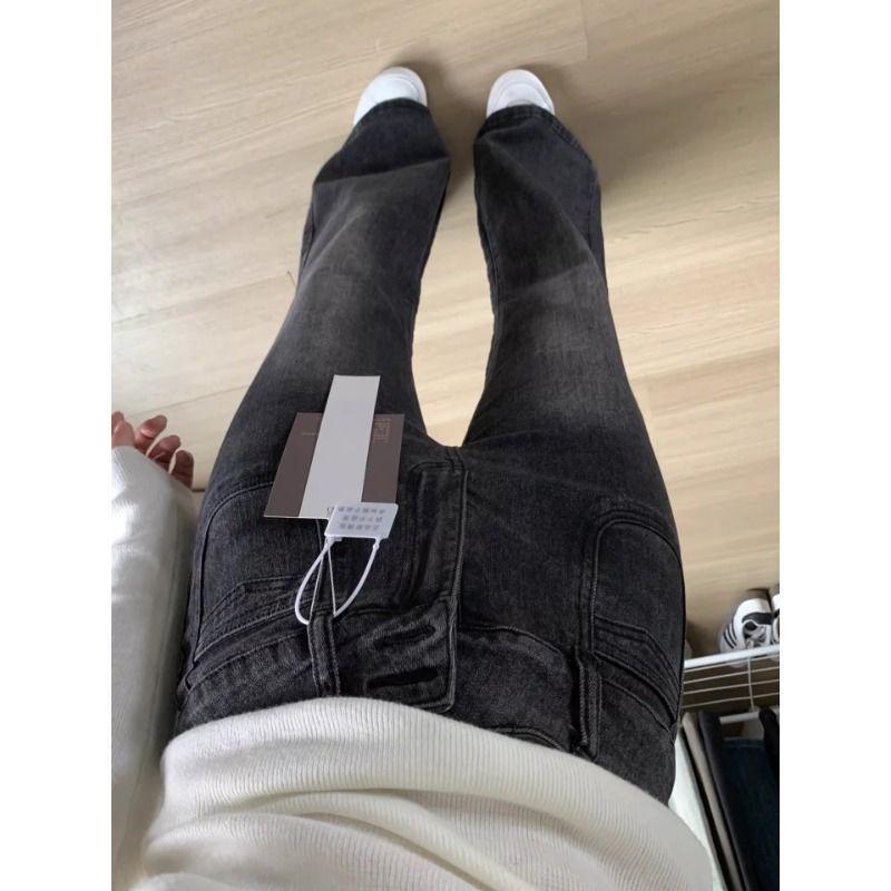 Women's Retro High-Waisted Black-Grey Wide-Leg Jeans - Stretchy, Floor-Length, Slightly Flared with Horse-Bit Detail.