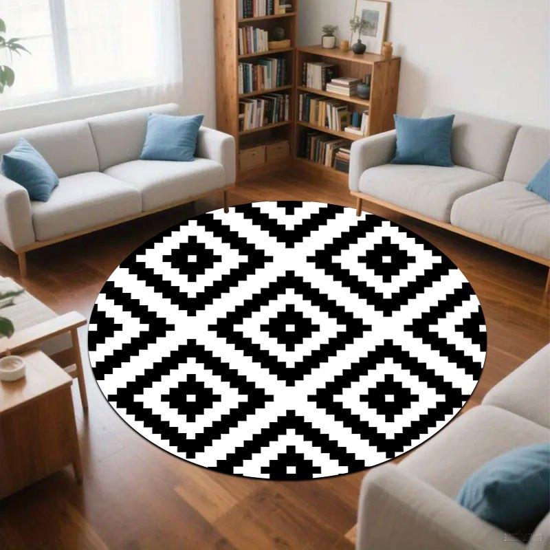 Geometric black and white patterns Flannel-printed round floor mats are slip-resistant Suitable for room terrace garden carpets
