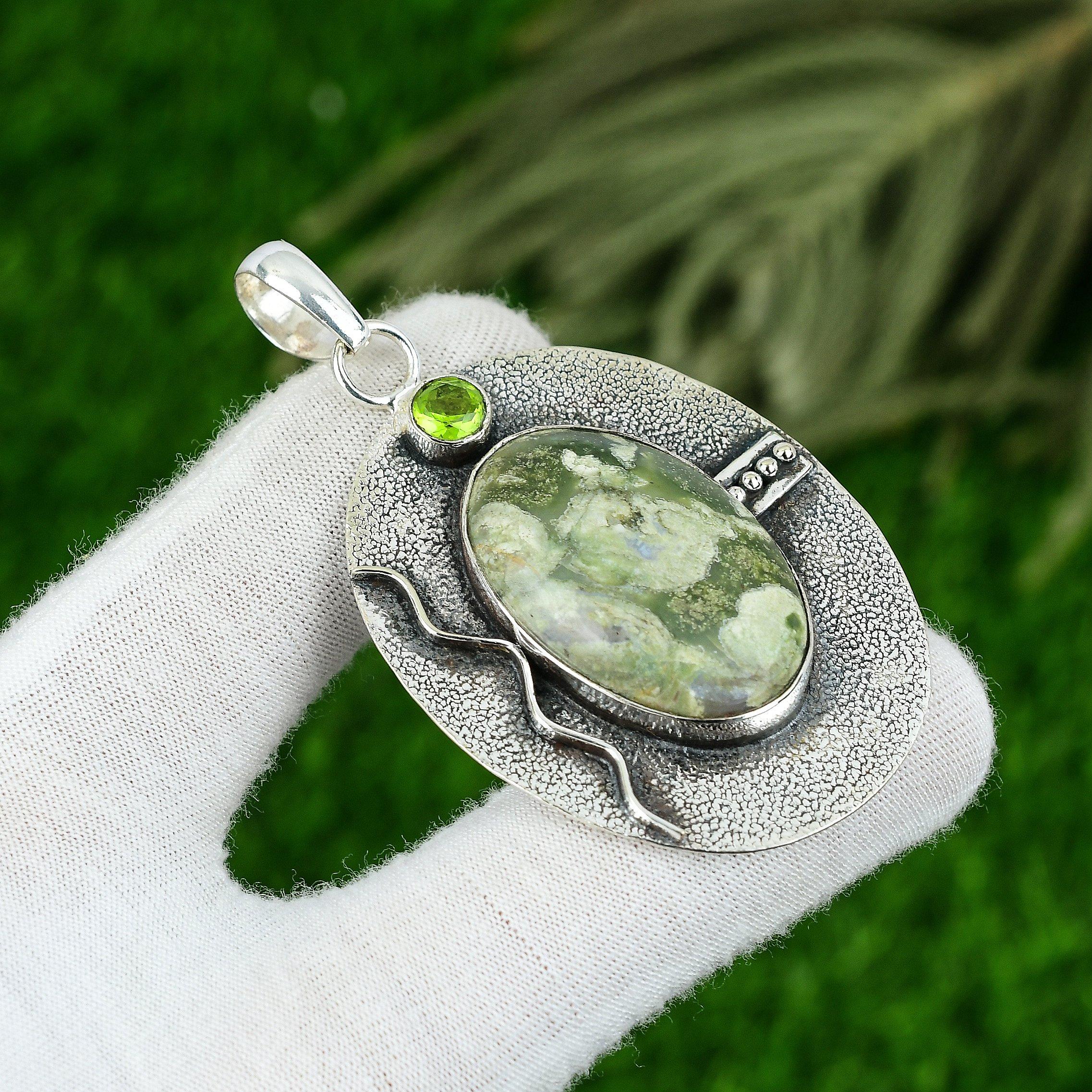 

Oval Rainforest Jasper Stone Peridot Wife Bezel Pendant Jewelry Sterling Silver