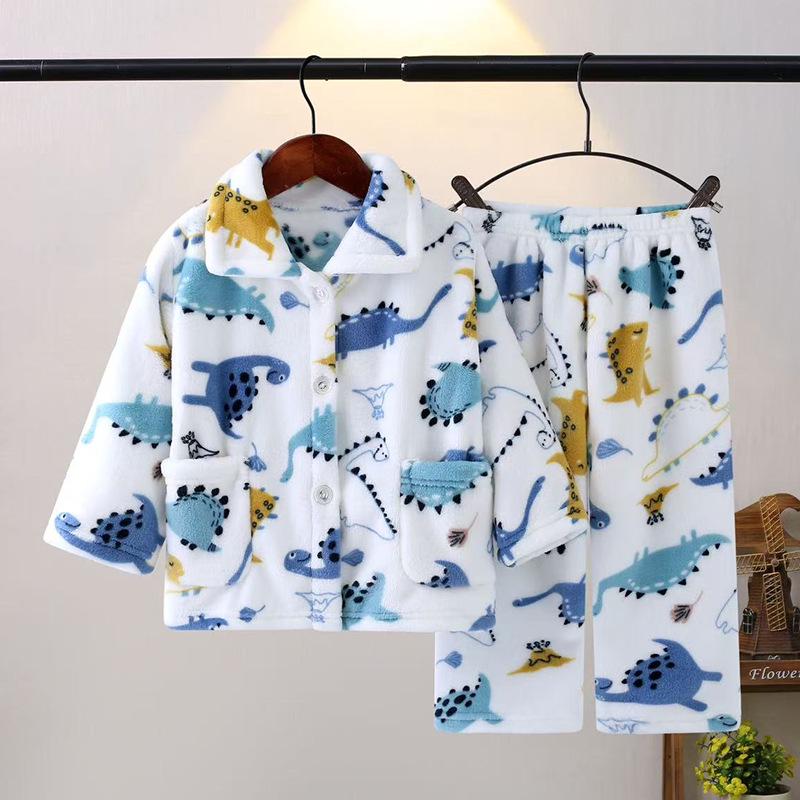 Kids' Flannel Pajama Set - Thick Coral Fleece Cardigan for Boys & Girls, Perfect for Autumn & Winter.