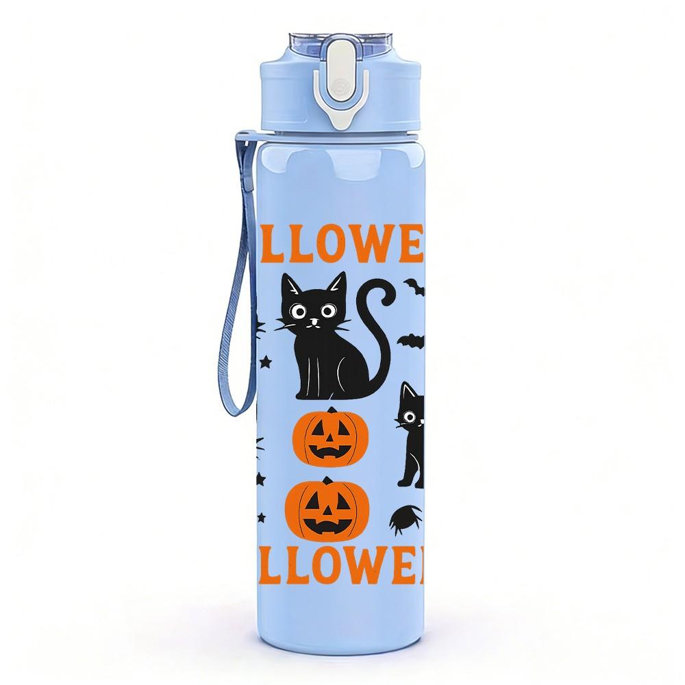 1PC Halloween Black Cat Pumpkin Art 750ml Color Plastic Sports Water Bottle Leakproof Flip Straw Lid Suitable for Sports Office Home Use