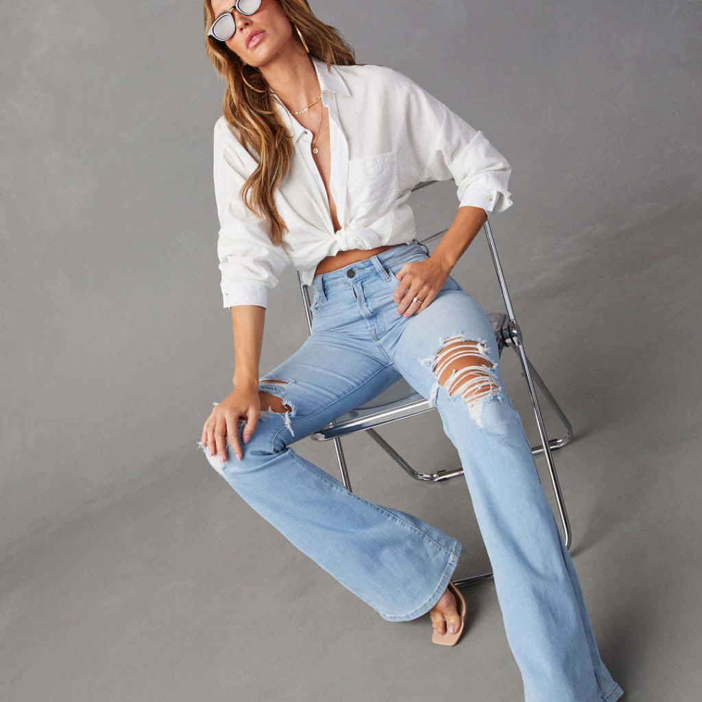 Nowe damskie dżinsy z wysokim stanem i dziurami, spodnie rozszerzane w stylu Spice Girls, spodnie damskie