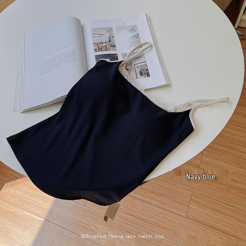 

Ретро колорблок шерстяной рубчатый фланелевый топ на бретелях с кружевом и нагрудными подушечками для женщин One Size (80-130 jin) темно-синий