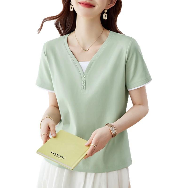 V-Neck Short-Sleeve T-Shirt for Women: Stylish Summer Loose Fit, Perfect for Middle-Aged Moms
