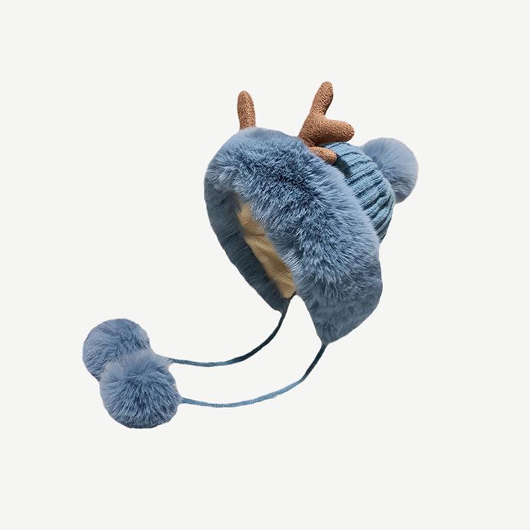 Women's Korean Style Plush Antler Pom-Pom Winter Hat with Ear Protection