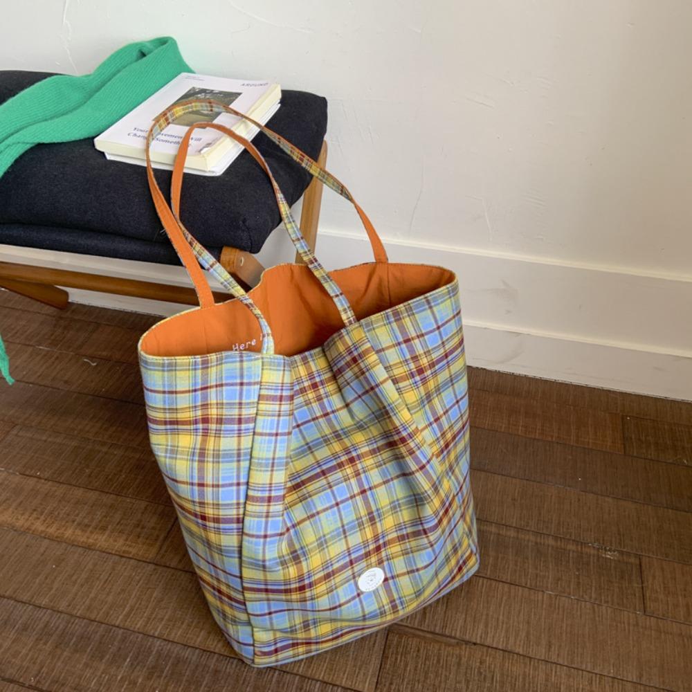 

Универсальная двусторонняя наплечная сумка, повседневная клетчатая сумка, винтажная клетчатая холщовая сумка-тоут для женщин оранжевый