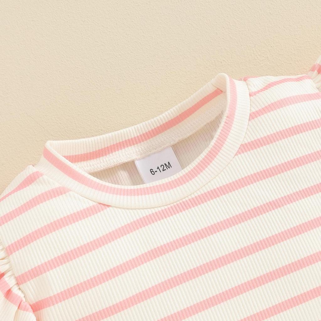 Little Girl 2 Piece Summer Set 6 12 18 24 Months 3 4 Years Round Neck Short Sleeve Striped Tops + Elastic Waist Wave Hem Shorts Infant Toddler Outfits
