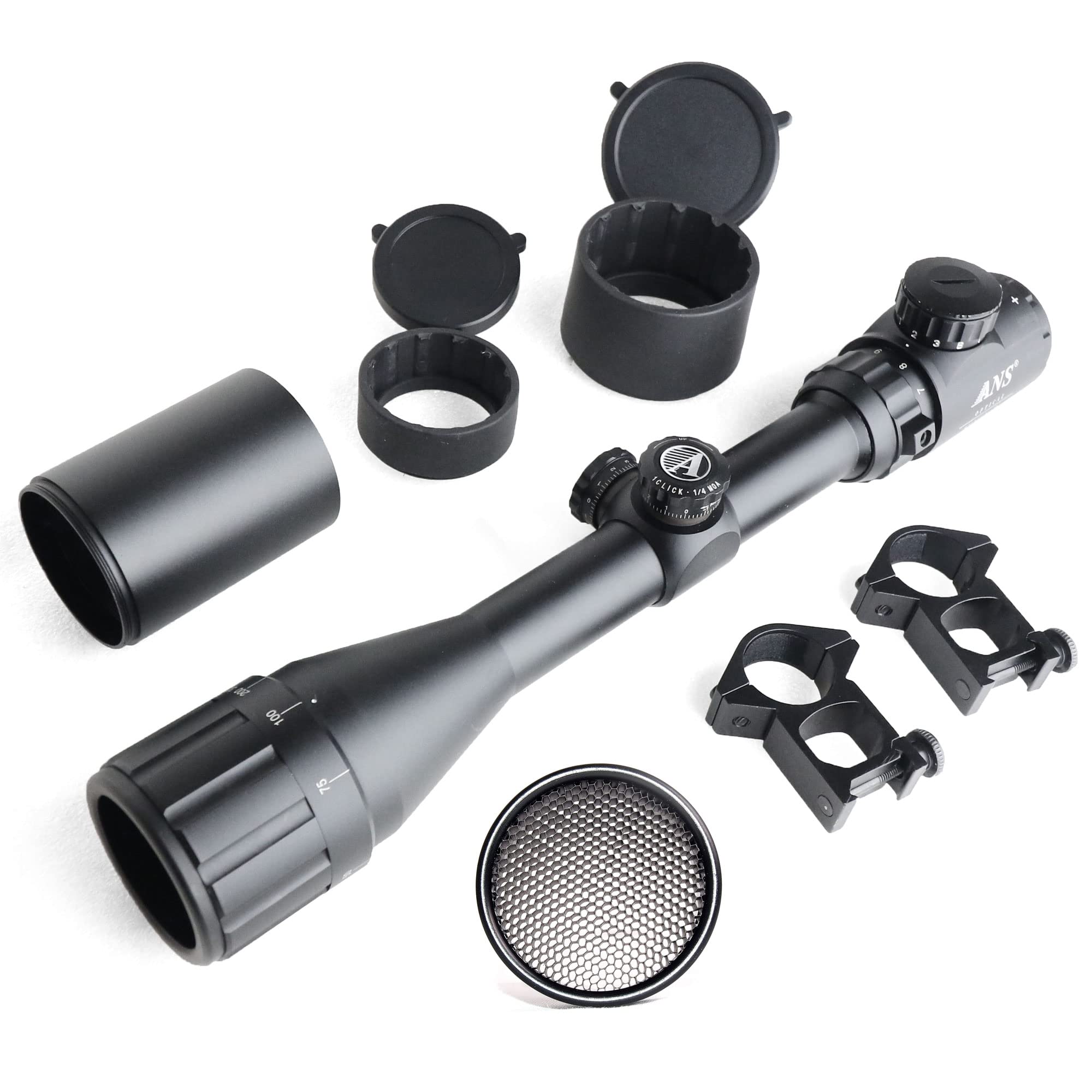 

Оптичний приціл ANS Optical з переднім фокусуванням 3-9x40 AOE з підсвічуванням червоним, зеленим та синім кольорами, передньою блендою, захистом від відблисків, високим кріпленням та кришкою Батлера
