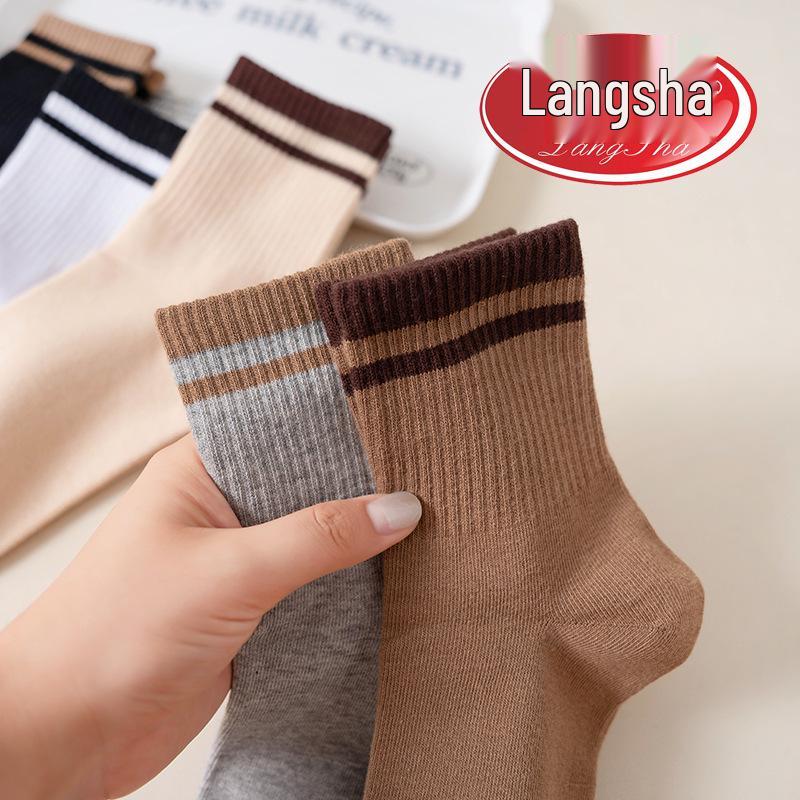 Langsha Women's Thick Striped Mid-Calf Socks for Autumn and Winter - Available in Black, White, Grey, Brown, and Beige.