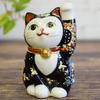Stylish Kutani Ware Beckoning Cat Figurine from Waza No Kura, Left-handed, Black, Perfect for Openings, Housewarmings, Birthdays, or Any Occasion.