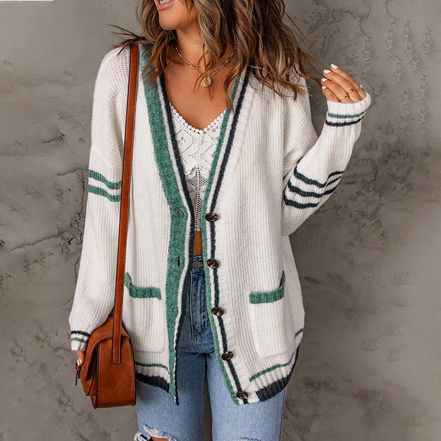 

Women s Striped Color Block Long Sleeve Cardigan Sweater Outerwear for Spring/Autumn Season XXL білий