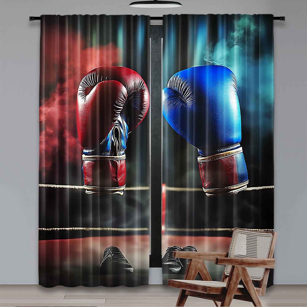 2Pcs Red And Blue Boxing Curtains Sports Theme Curtains Boxing Gloves Pattern Games Design For Living Room Dining Room Bedroom