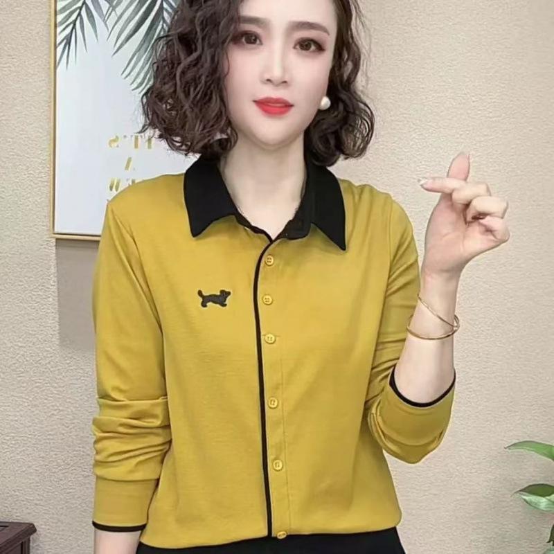 

YYFS Женские модные повседневные весенне-осенние блузки и рубашки с принтом в стиле колор-блок, с длинным рукавом и воротником поло XXXXXL