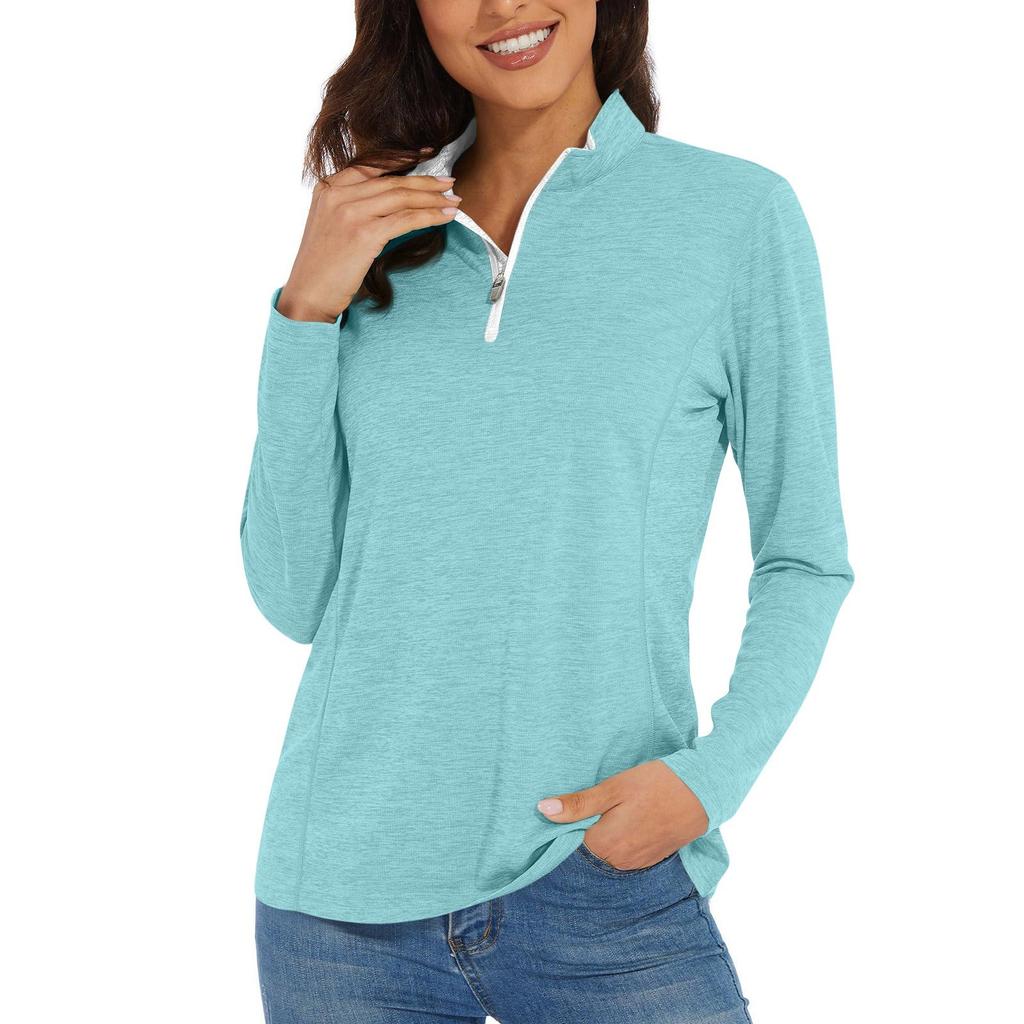 Women's Casual Fashion Solid Color Long Sleeve Zipper Neck Top T-shirt