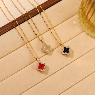 Women's Four-Leaf Flower Necklace, Japanese and Korean Style, Rhinestone Titanium Steel Pendant, Fashionable Clavicle Chain Jewelry