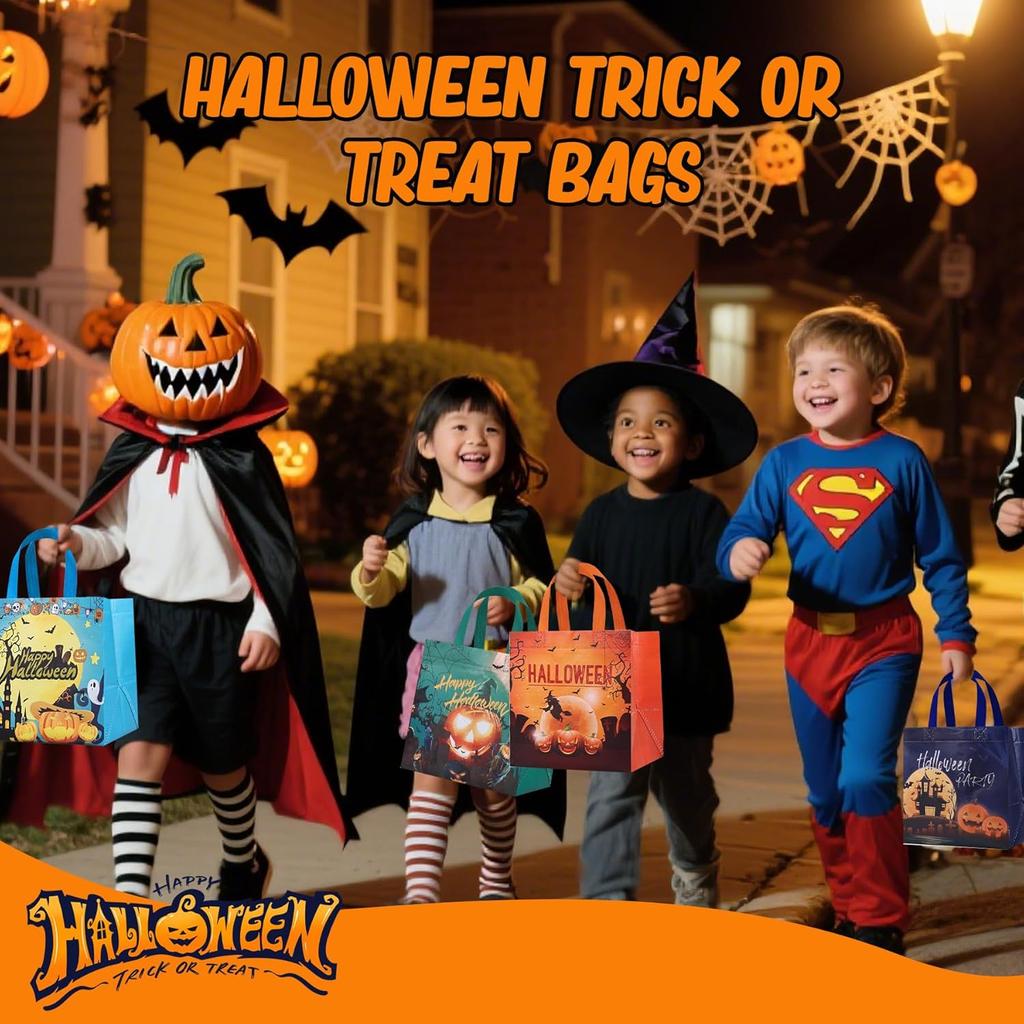 16PCS Halloween Trick or Treat Bags, Large Halloween Tote Gift Bags with Handles, Reusable Non-Woven Candy Bag for Gifts Wrapping, Party Supplies,