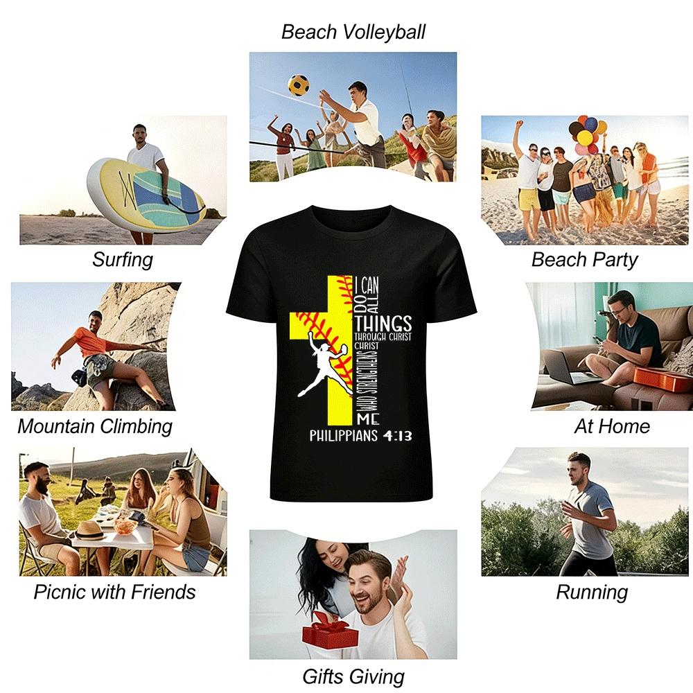 Philippians 4:13 Softball Christian Graphic Tee Shirt Pure Cotton T-shirt