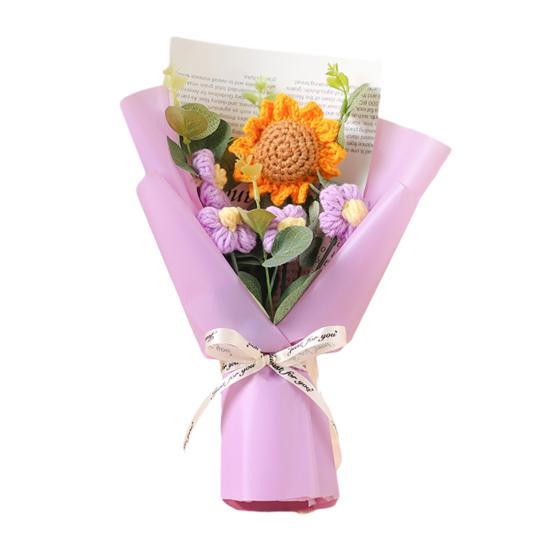 

Crochet Flower Bouquet with LED Light DIY Handcrafted Knitting Sunflower Ornament Yarn Floral Decoration Mother s Day Birthday Gift With Light фіолетовий