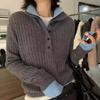 2024 Winter Double-Layer Stand Collar Color Block Wool Knit Shirt with Inner Collar