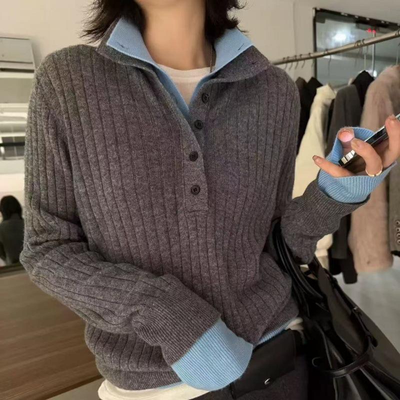 2024 Winter Double-Layer Stand Collar Color Block Wool Knit Shirt with Inner Collar