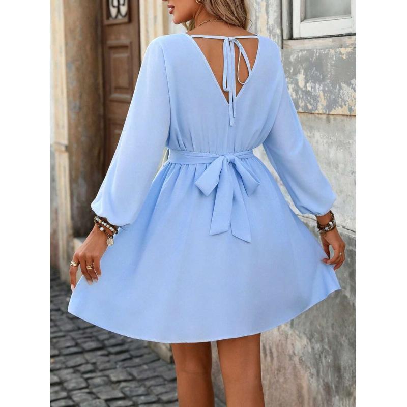 European Summer Fashion Temperament Vacation Style Embroidery Waist V Neck Long Sleeve Short Dress Women