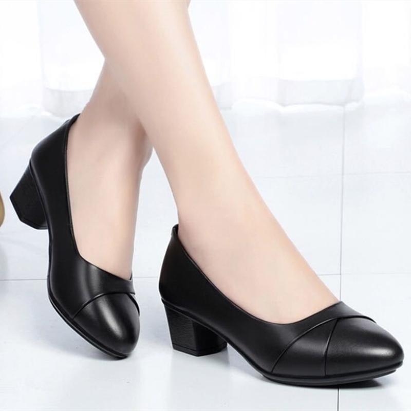 women fashion round toe black leather slip on daily elegant pumps lady casual comfort spring & summer shoes ba425