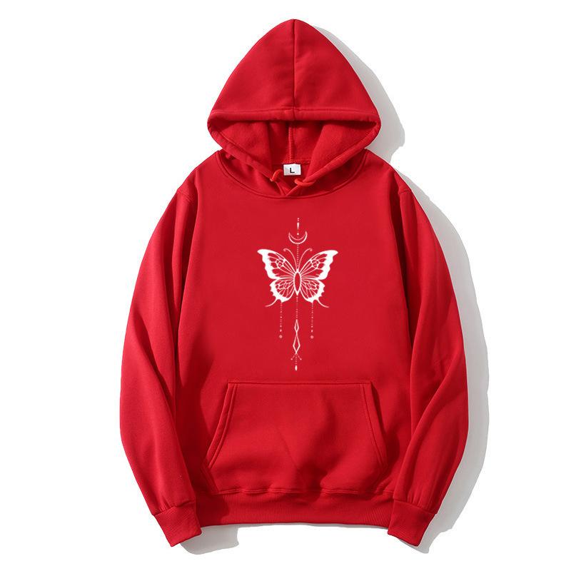 Ladies Spring Autumn Casual Sports Hooded Long Sleeve Big Pocket Butterfly Printed Pullover Hoodies Sweatshirt Top