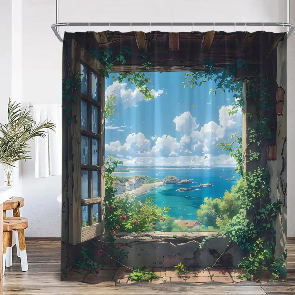 Deniz Kenarı Manzarası Dış Mekan Manzarası Plaj Duş Perdesi Banyo Dekorasyonu Kancalı Polyester Duş Perdesi
