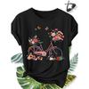 Women's Elegant Plus Size Short Sleeve Top, Pink Vintage Bicycle + Full Car of Flowers + Butterfly and Small Bird Print Pattern