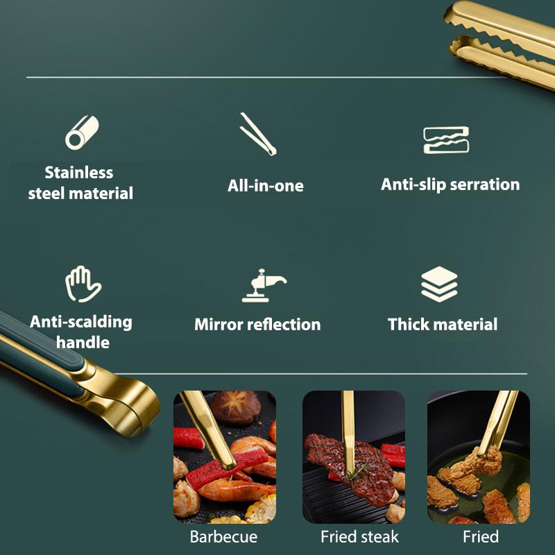 Gold Stainless Steel Food Tongs Non-Slip Tongs For BBQ Meat Kitchen Accessories
