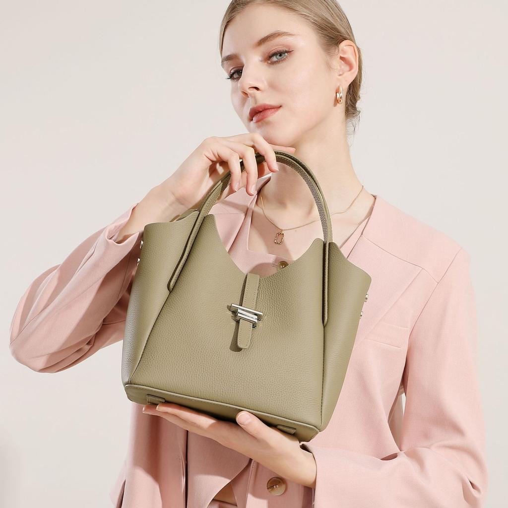 New Spring and Summer Genuine Leather Women's Bag Daily Commuting Handbag Fashion Wind Chime Bag Slanted Vegetable Basket Bag