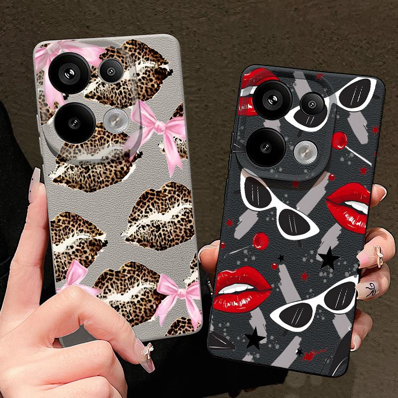 Cool Kiss Lips Print Case For Xiaomi 13T Pro Redmi Note 15 Pro 4G Redmi Note 14 13 Pro+ 5G Leather Texture Silicone Cover