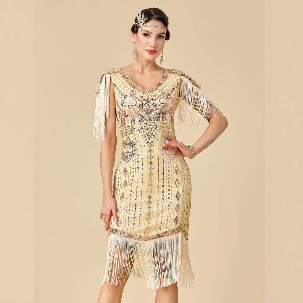 Women's Plus Size 1920s Gatsby Flapper Dress, Sequin Beaded Short Sleeve Fringe Evening Gown For Party & Pr