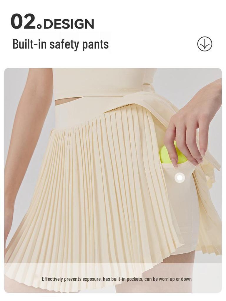 Women's High-Waisted Sports Skirt with Tennis Pocket, Accordion Pleats, Built-In Safety Shorts, and Anti-Exposure Design