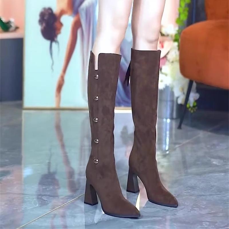 Design metal buckle high tube fashion boots autumn new suede pointed thick heel boots
