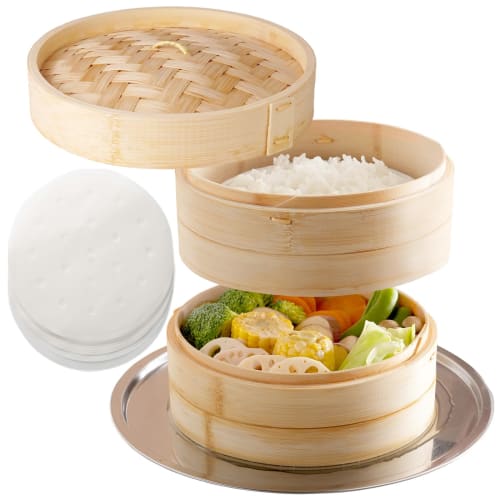 Get started right away with this first-time bamboo steamer set! Includes a 21cm, 2-tier atRise bamboo steamer with adjustable wheels, a steaming plate