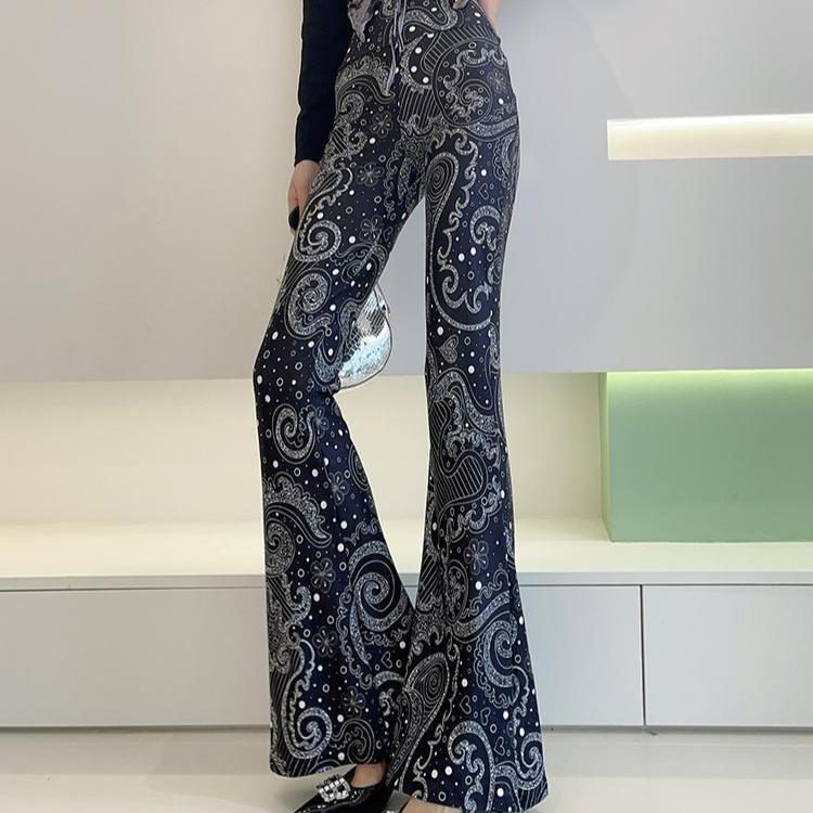 Spring Thin Women's High-waisted Flared Pants Slim Fit Trousers Printed Stretch Flared Pants