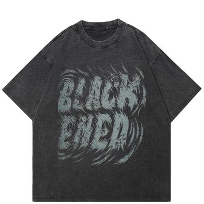 T-shirt nera lavata con grafica e lettere streetwear, unisex, in cotone, estiva, a maniche corte