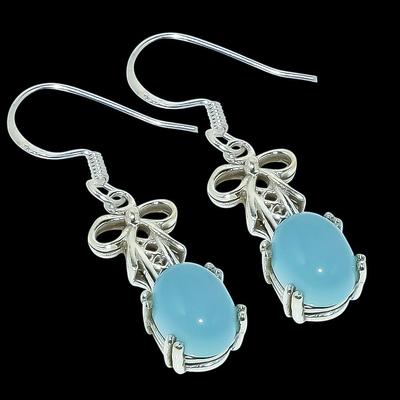 Pedra Preciosa Calcedônia Aqua Natural Brinco Feito à Mão Prata de Lei 925 1,50" D7f84
