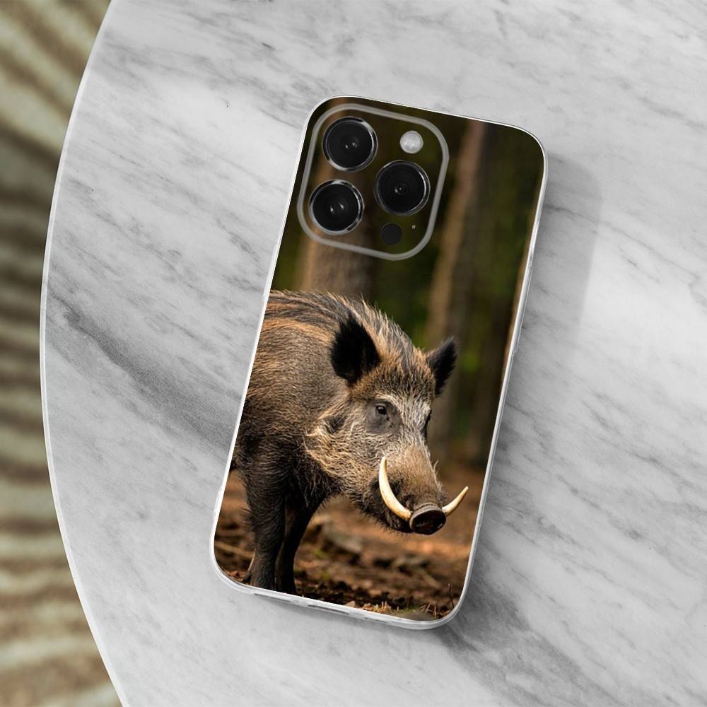 Cute Wild Boar Animal Phone Case For iPhone,14,13,12,15,Pro,Max,Plus,11,17,16,X,XS,XR,SE,Mini Transparent Soft Cover