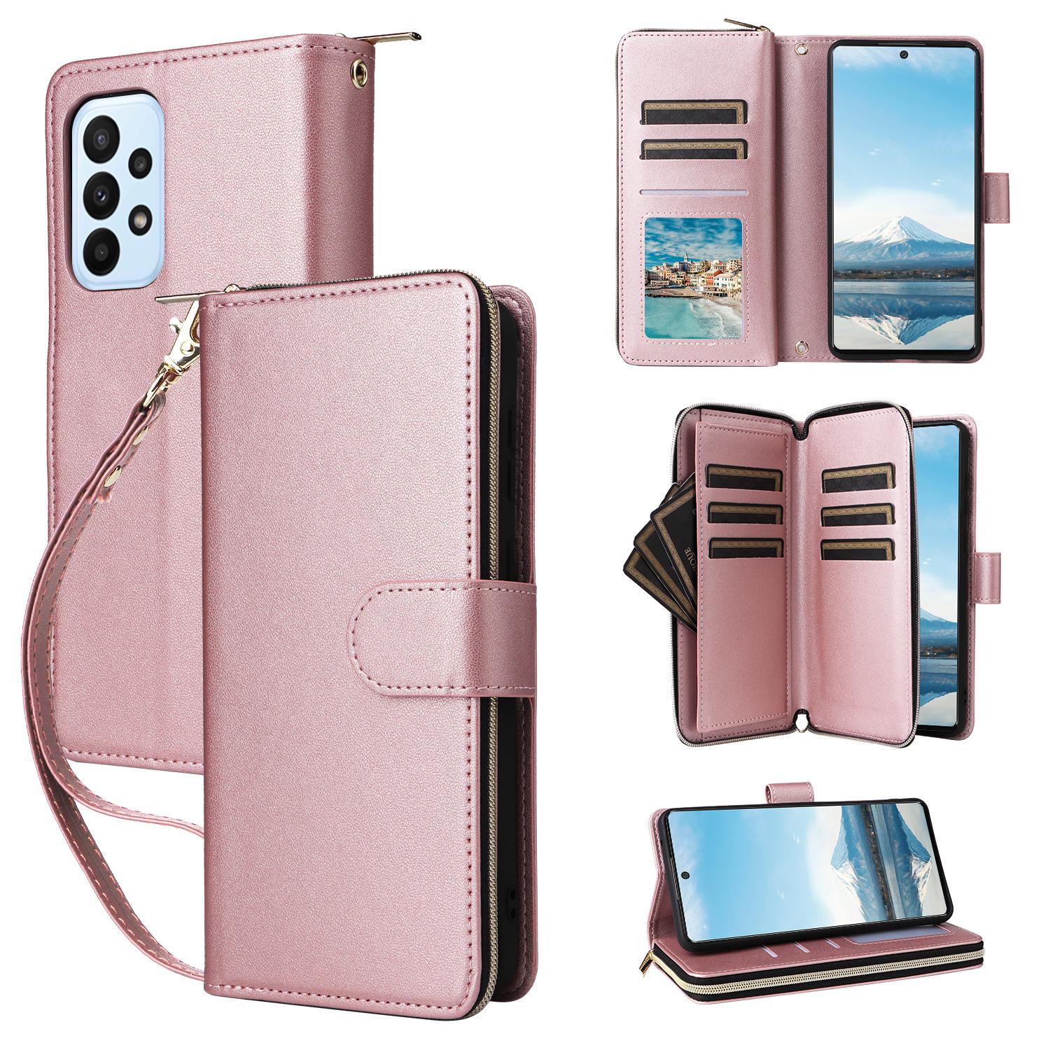 

R20 For Samsung Galaxy A23 4G/A23 5G (Global Version) Leather Case Zipper Pocket Stand Rose Gold